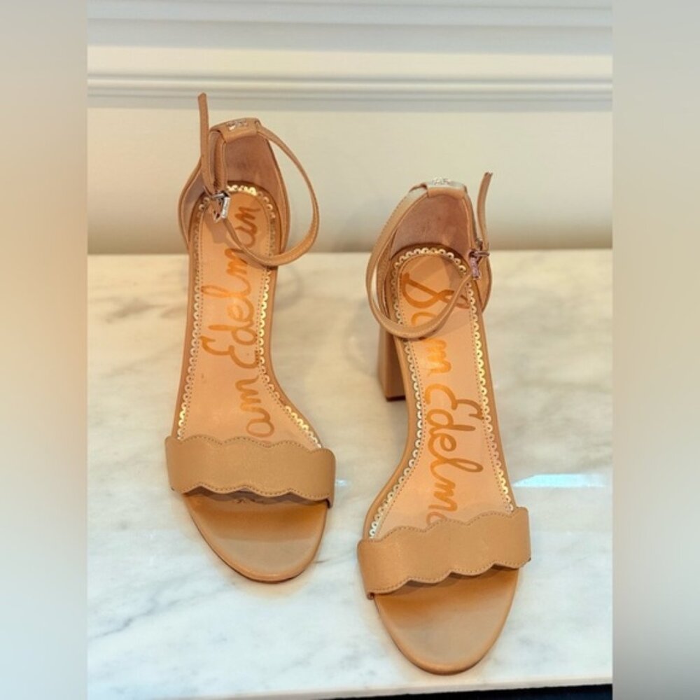 Sam Edelman Odila Ankle Strap Sandal Heel in Golden Caramel Suede 6.5